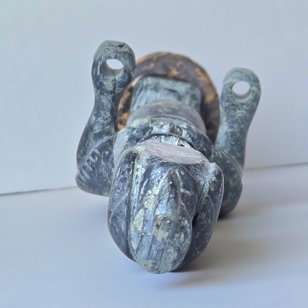 VTG Carved Green Stone Totem Sculpture-Eagle Warrior Snake w Petrified Wood Base - Picture 8 of 11